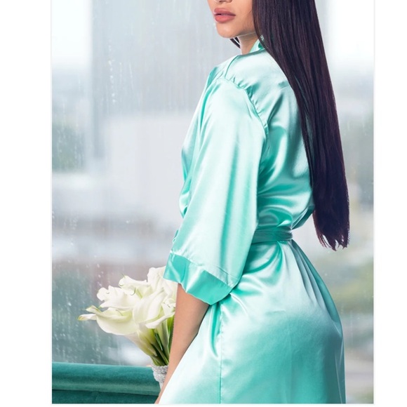 Mint Green Kimono Style Rhinestone BRIDESMAID Monogram Short Robe W Pockets M - Picture 3 of 16